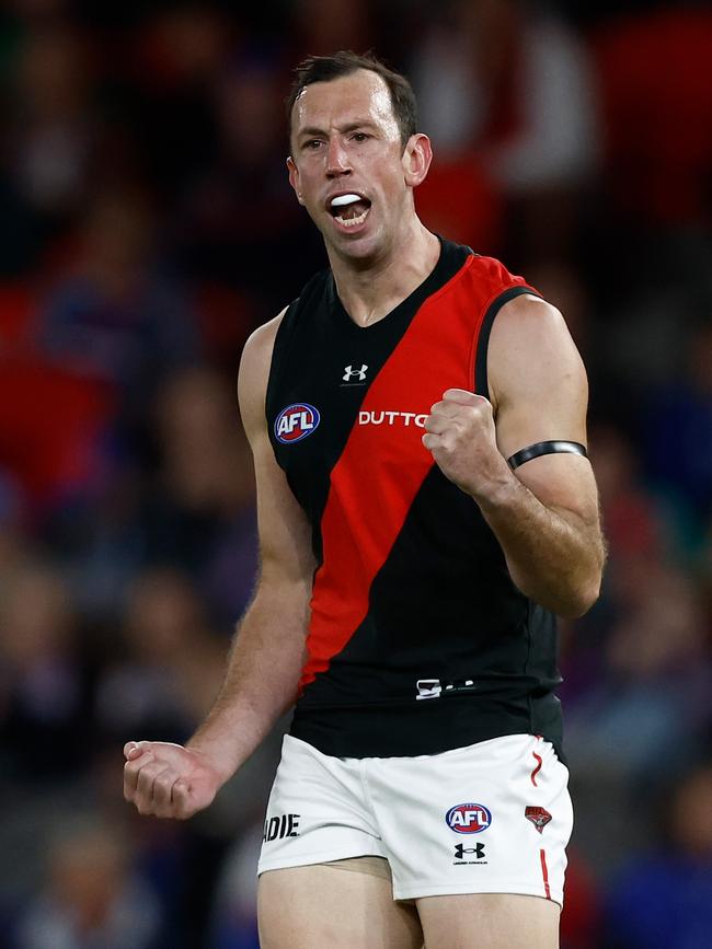 Todd Goldstein of the Bombers celebrates a goal. (Photo by Michael Willson/AFL Photos via Getty Images)