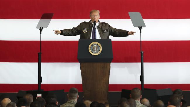 Donald Trump addresses troops at the US Yokota Air Base, on the outskirts of Tokyo.