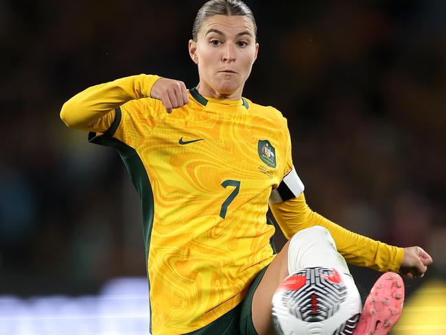 SYDNEY, AUSTRALIA - JUNE 03: Steph Catley of Australia controls the ball during the international friendly match between Australia Matildas and China PR at Accor Stadium on June 03, 2024 in Sydney, Australia. (Photo by Mark Metcalfe/Getty Images)