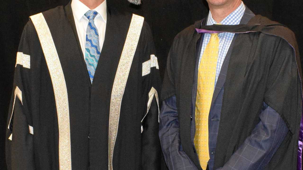 CQUniversity Vice Chancellor Nick Klomp with guest speaker Jason Titman. Picture: Jann Houley