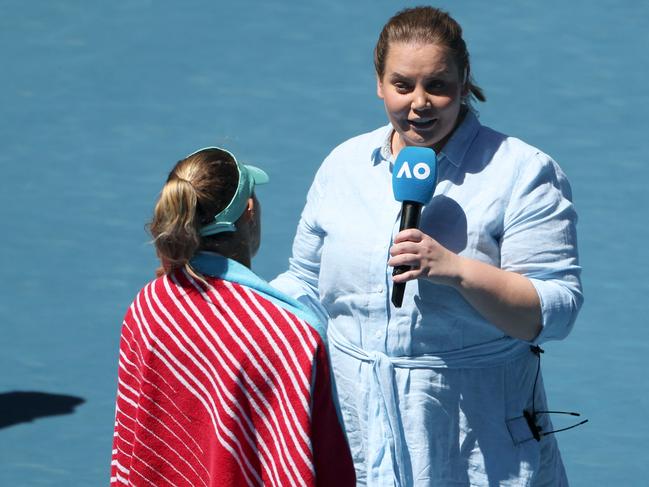 Dokic’s on court interviews regularly go viral and she’s renowned for her positive interviews and lighthearted moments on the court, while also being able to offer in-depth insight. Photo by Martin KEEP / AFP