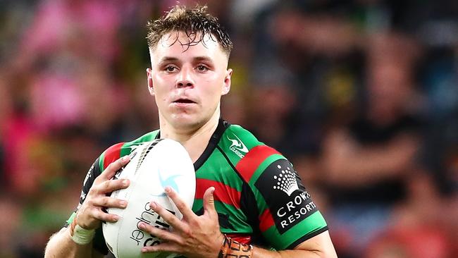 BRISBANE, AUSTRALIA - OCTOBER 03:  Blake Taaffe of the Rabbitohs catches a kick during the 2021 NRL Grand Final match between the Penrith Panthers and the South Sydney Rabbitohs at Suncorp Stadium on October 03, 2021, in Brisbane, Australia. (Photo by Chris Hyde/Getty Images)