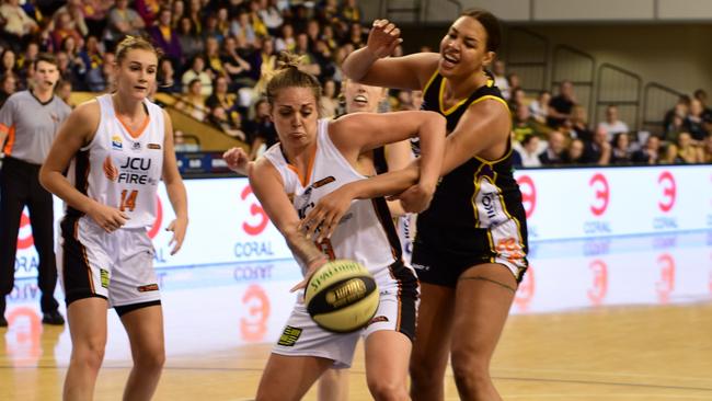 Cayla George of the Townsville Fire got the better of Liz Cambage and the Melbourne Boomers. Picture: Lawrence Sugars
