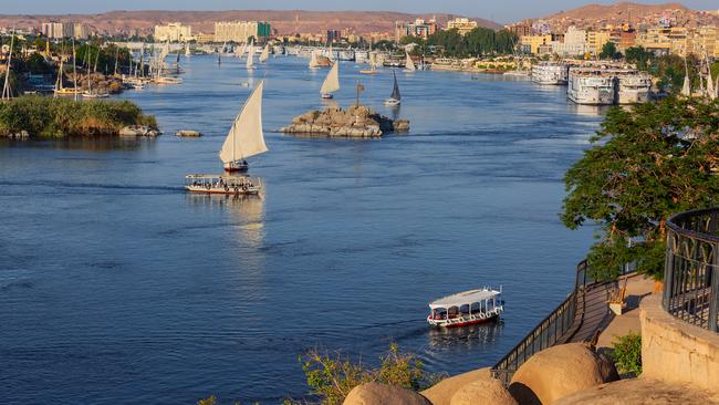 Feluccas on the Nile at Aswan, Egypt.