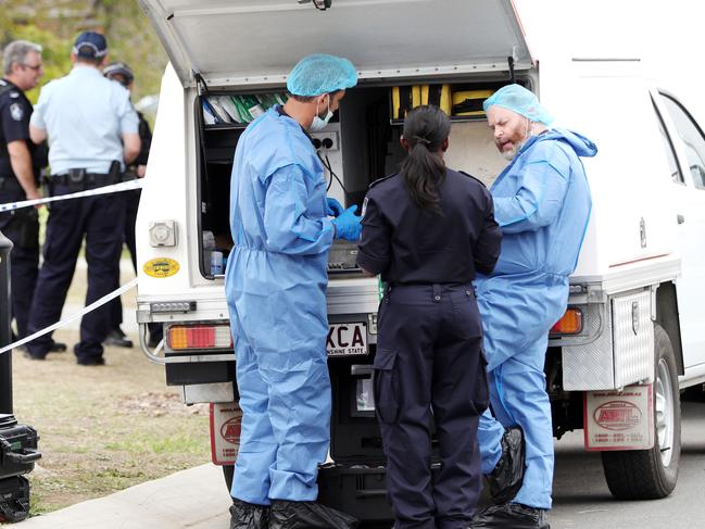 Police forensics at the scene where a man was shot dead and another badly bashed in a terrifying home invasion in Brittany Court, Gleneagle.Picture: NIGEL HALLETT