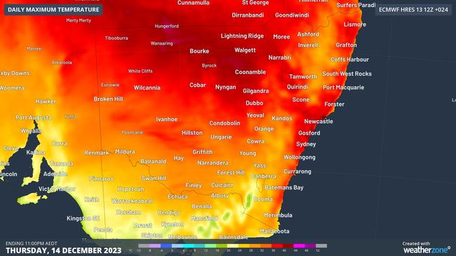 The maximum temperature on Thursday. Picture: Weatherzone