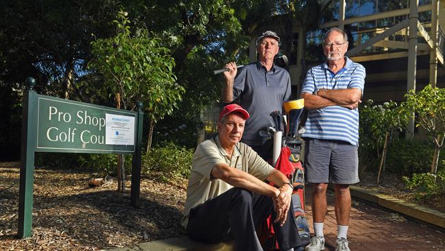 Belair Park Golf Club members Rod Kllimionok, Colin Luscombe and Paul Luscombe are upset the Belair Country Club has gone out of business. Picture: Tom Huntley