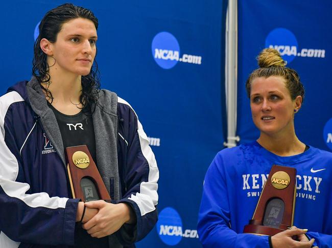 ATLANTA, GA - MARCH 18:  University of Pennsylvania swimmer Lia Thomas and Kentucky swimmer Riley Gaines react after finishing tied for 5th in the 200 Freestyle finals at the NCAA Swimming and Diving Championships on March 18th, 2022 at the McAuley Aquatic Center in Atlanta Georgia.  (Photo by Rich von Biberstein/Icon Sportswire via Getty Images)