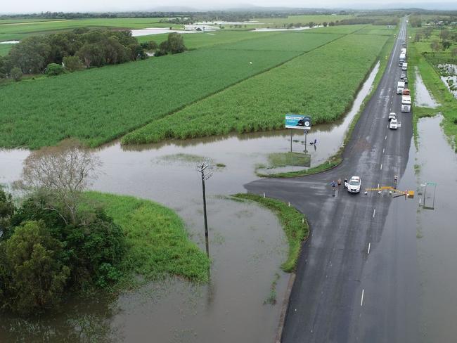 Drone images of flooding at Thompson's Creek on the Bruce Highway looking north. Photos: Robert Murolo