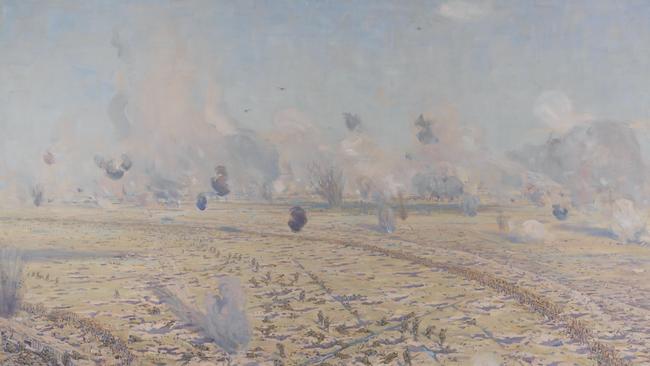 ‘A bloody catastrophe’ … The Battle of Fromelles, as depicted by Charles Wheeler. Waves of Australian infantry can be seen advancing across No Man’s Land. Courtesy: The Australian War Memorial.