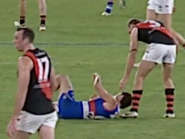 Tom Liberatore seen in an incident near the end of the game where he collapsed in the centre of the ground. Source 7AFL