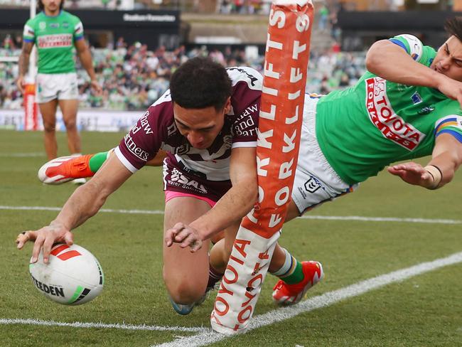 Lehi Hopoate excelled on the wing last year but is Manly’s long-term option at fullback. Picture: Mark Nolan/Getty Images