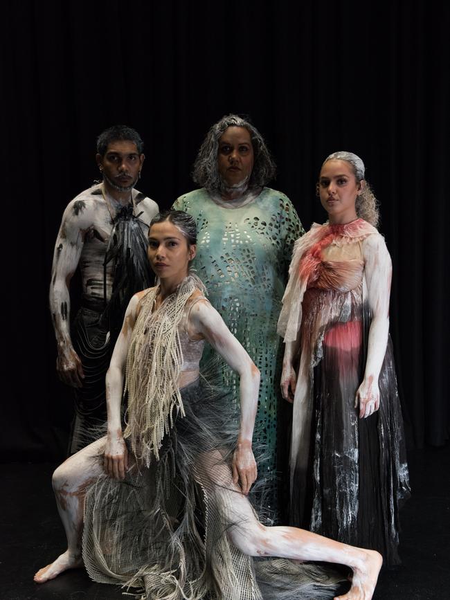 Baleen Moondjan performers, from left, Taj Pigram, Rika Hamaguchi, Elaine Crombie and Zipporah Corser-Anu. Picture: Ashley de Prazere