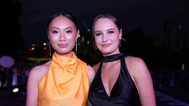 Evie Tuppen and Tara Jackel at the Emmanuel College class of 2025 formal at HOTA for Gold Coast at Large. Picture, Portia Large.