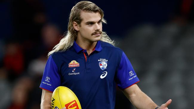 MELBOURNE, AUSTRALIA - APRIL 12: Bailey Smith of the Bulldogs gicves the thumbs up during the 2024 AFL Round 05 match between the Western Bulldogs and the Essendon Bombers at Marvel Stadium on April 12, 2024 in Melbourne, Australia. (Photo by Michael Willson/AFL Photos via Getty Images)