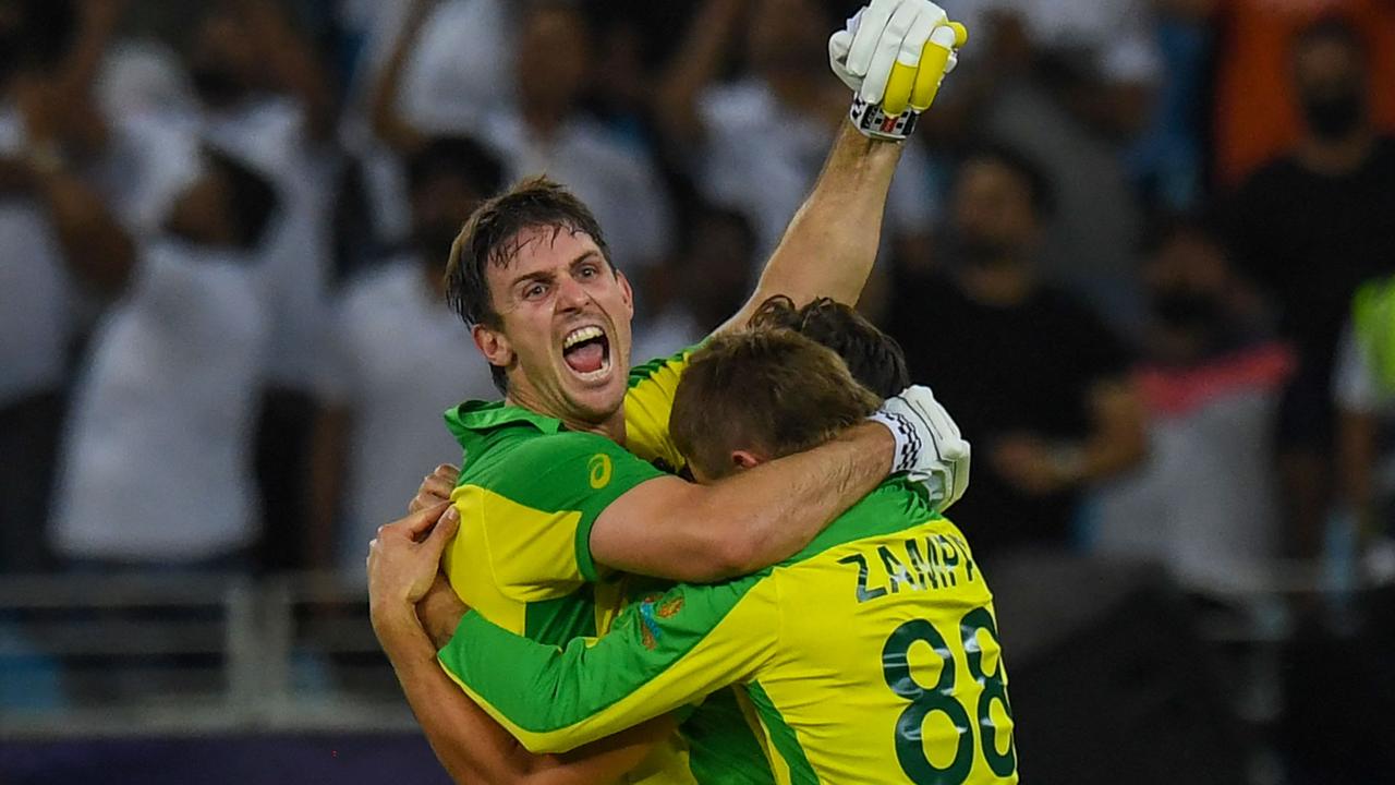 Mitchell Marsh (L) has been overlooked for the Ashes squad for the opening two Tests despite his World Cup heroics. Picture: AFP