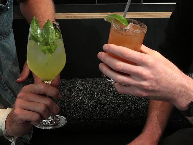 (l to r) James Snelgrove and Thor Bergquist at PS 40 bar in Sydney CBD with Wattle Cola and Watermelon and a Basil Blast mocktail. Picture: John Fotiadis