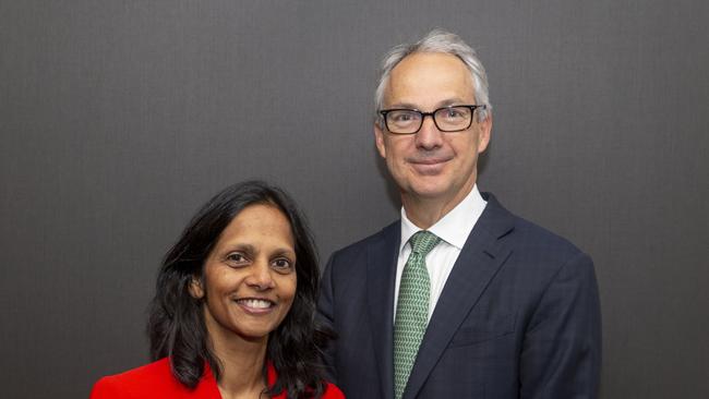 Outgoing Macquarie Group CEO Nicholas Moore with incoming CEO Shemara Wikramanayake.