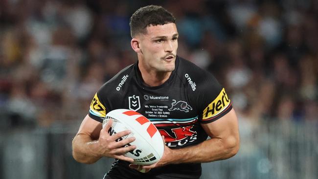 DAILY TELEGRAPH OCTOBER 1, 2023 NRL Telstra Premiership Grand Final at Accor Stadium between Penrith Panthers and Brisbane Broncos. Nathan Cleary with the ball. Picture: David Swift