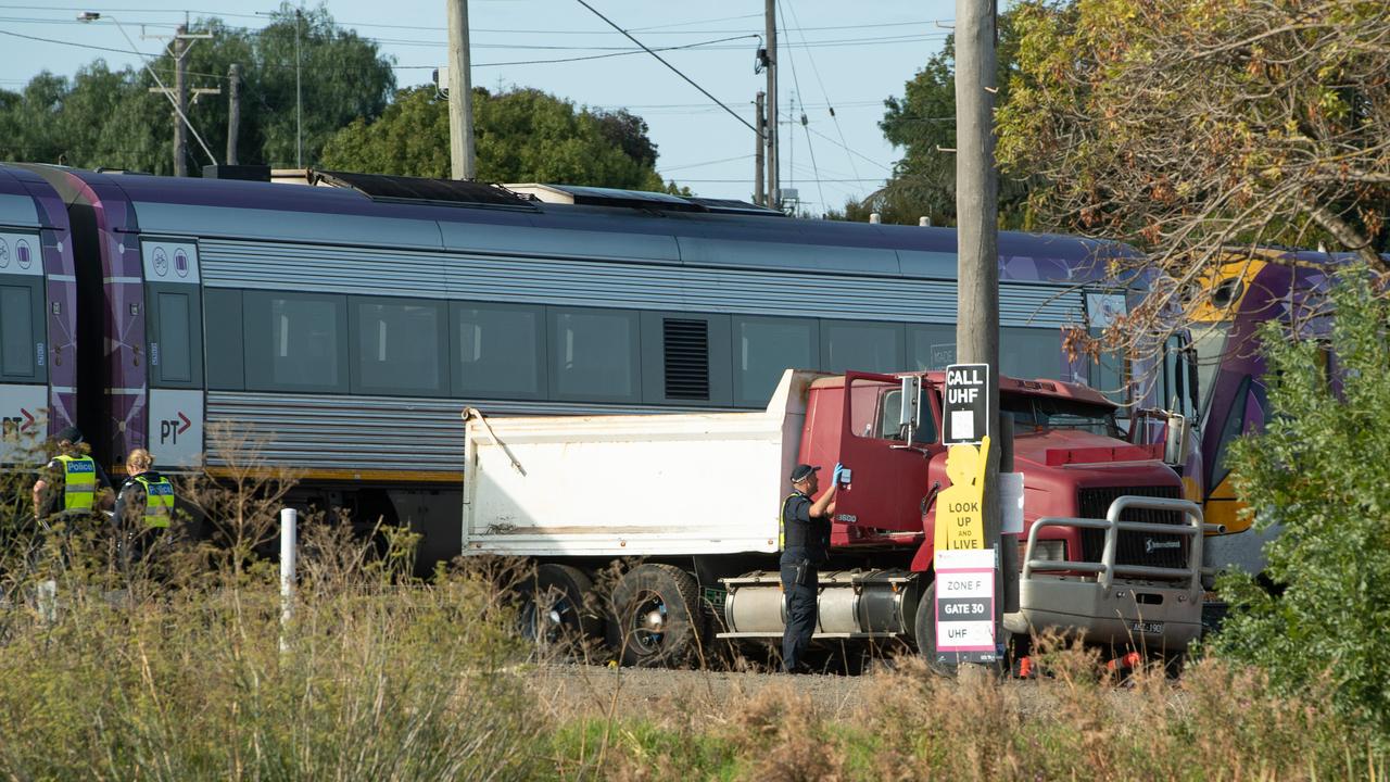 Fatal accident after a truck collided with a train at the railway crossing on Barwon Terrace in South Geelong. Picture: Brad Fleet