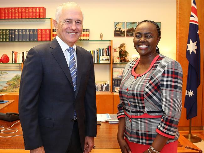 Prime Minister Malcolm Turnbull with new Liberal and South Australian Senator Lucy Gichuhi in his office.