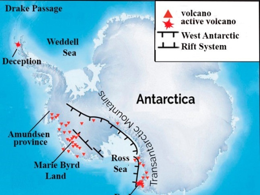 Schematic map of separate volcanoes and volcanic provinces in Western Antarctica position. Picture: Vries et al., 2017