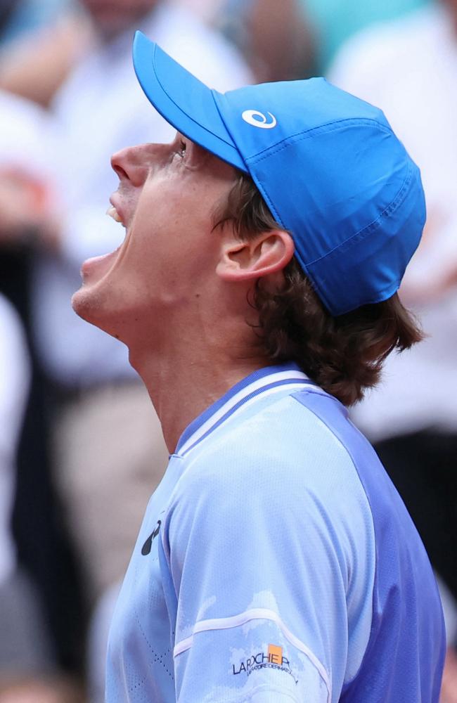 Alex De Minaur celebrates his fourth round win over Daniil Medvedev. Picture: Alain Jocard /AFP