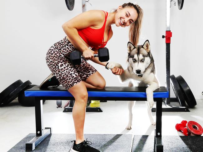 Marlette’s husky Charlie lends a paw during a workout. Picture: Nigel Hallett