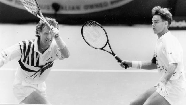 Mark Woodforde (left) and Todd Woodbridge in action at the 1993 Australian Men's Hardcourt Championships doubles match at Memorial Drive, North Adelaide.