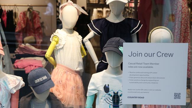 Recruitment signage was displayed in a retail store window in Pitt Street Mall in the Sydney CBD in late October, ahead of the Christmas rush. Picture: NCA NewsWire/Gaye Gerard