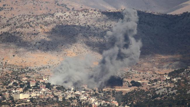 A smoke plume billows during Israeli bombardment on the village of Kfarshuba in south Lebanon near the border with Israel. Picture: AFP