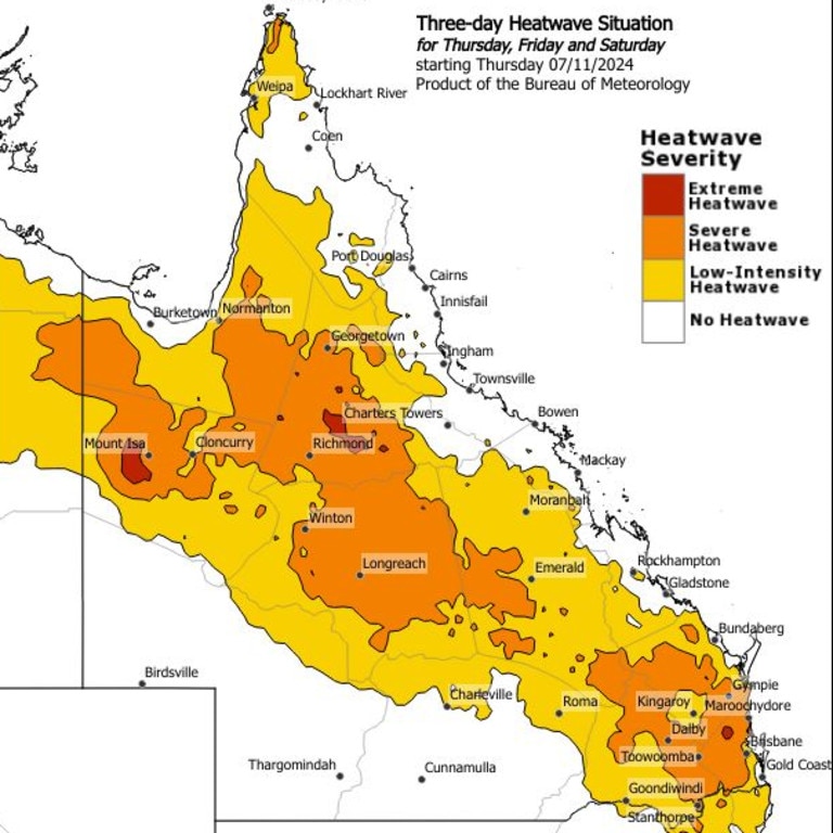 Queensland is in the deep of a “severe heatwave”, with some temperatures expected to shoot up to the mid-40s. Photo: Bureau of Meteorology.