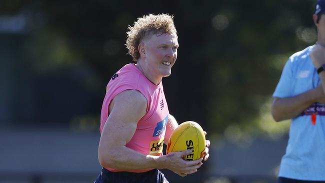 MELBOURNE , AUSTRALIA.February 12 , 2024.  Melbourne AFL football training at Goschs Paddock.   Clayton Oliver of the Demons during todays session  . Pic: Michael Klein