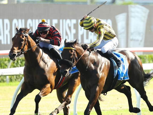 SYDNEY, AUSTRALIA - DECEMBER 14: Tyler Schiller riding Jedibeel Ã¢â¬â¹wins Race 9 Racing & Sports Razor Sharp Handicap during Sydney Racing at Royal Randwick Racecourse on December 14, 2024 in Sydney, Australia. (Photo by Jeremy Ng/Getty Images)