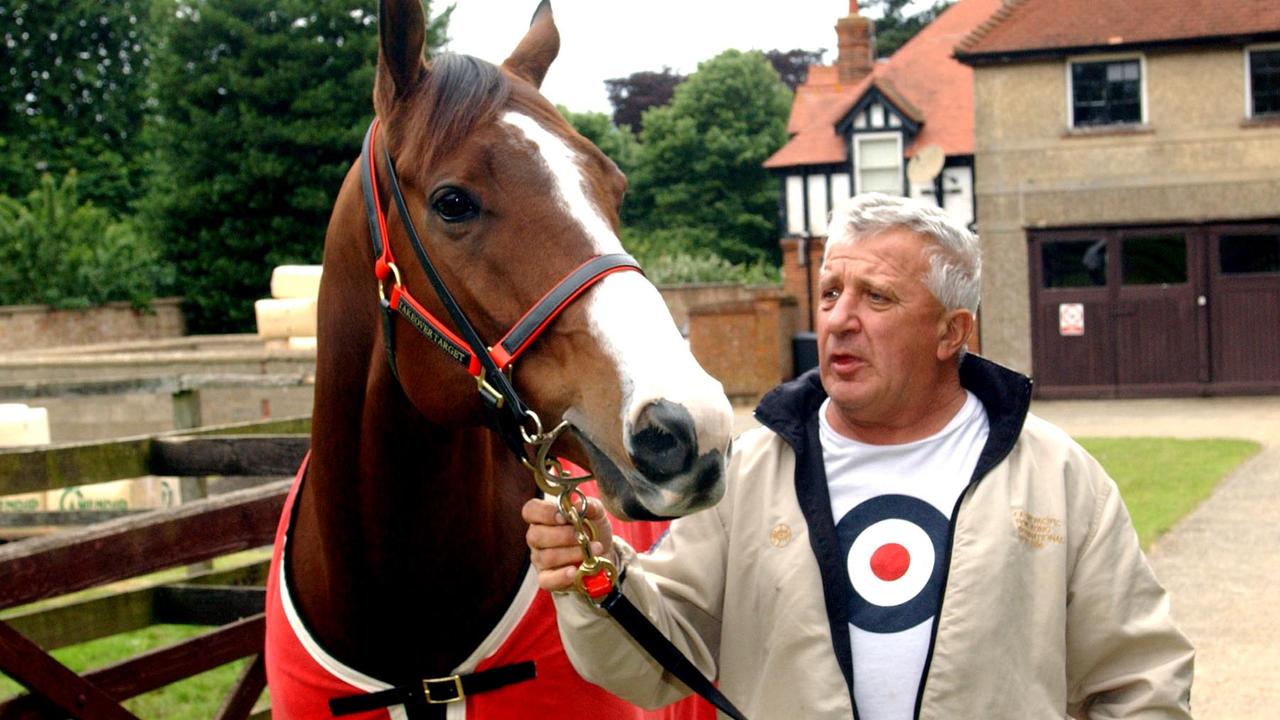Australian trainer Joe Janiak with racehorse Takeover Target, which is to race at Royal Ascot next week, at their Newmarket base in England.