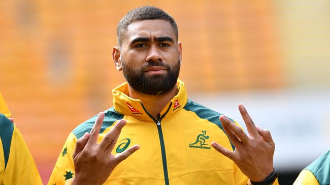 Lukhan Tui is seen during the team photo before the Wallabies captains training run at Suncorp Stadium in Brisbane, Friday, June 8, 2018. The Australian Wallabies are playing Ireland in the first test of a three-game series on June 9 at Suncorp Stadium in Brisbane. (AAP Image/Darren England) NO ARCHIVING