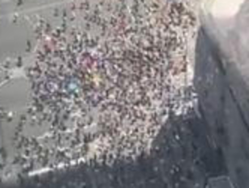 An aerial photo of the protest taking place in Melbourne on Saturday. Picture: Twitter, @DifficultNerd