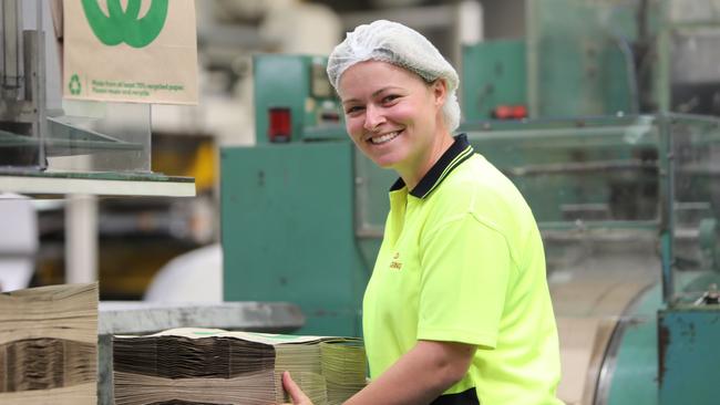 A Detpak employee on the production line for new Woolworths 'Made in Aus' 20c paper bags, which will retail at SA and NT stores for now. Picture: Supplied.