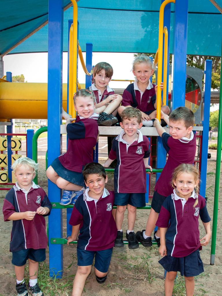 MY FIRST YEAR 2024: Allora State School Prep students (back) Fletcher and Mackenzie, (middle row, from left) Lily, Archie and Oscar and (front row, from left) Jake, Beau and Dekoda, February 2024. Picture: Bev Lacey