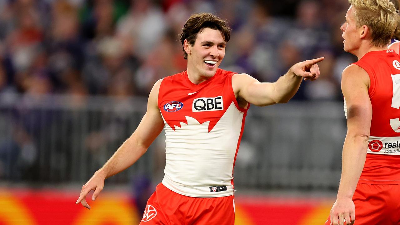 Errol Gulden of the Swans celebrates a goal during the round 19 AFL match against Fremantle at Optus Stadium, on July 22, 2023, in Perth, Australia. (Photo by James Worsfold/Getty Images)