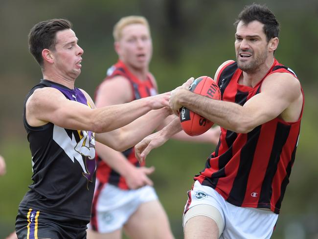 EFL (Div 1): Norwood versus Blackburn at Mullum Reserve, Ringwood. Dean Poynton (13) and Ryan Bathie (39).