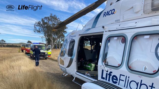 A man has been airlifted to a Brisbane Hospital after he was involved in a crash west of Gympie earlier today. Photos: RACQ Lifeflight Media