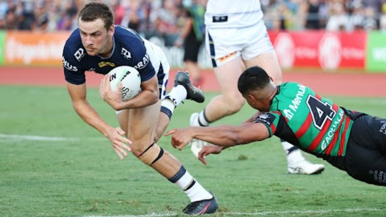 24/05/2023 - Zac Laybutt scores in a 2022 NRL trial match against the Rabbitohs in Cairns. Picture: Brendan Radke