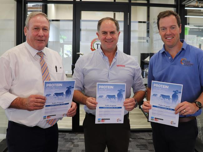 Mayor Paul McVeigh, Stockyard beef managing director Lachie Hart and TSBE’s Bruce McConnel. Picture: TSBE