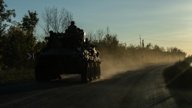 A Ukrainian armoured personnel carrier on a road in Bakhmut, Donetsk oblast, Ukraine. Picture: Getty Images