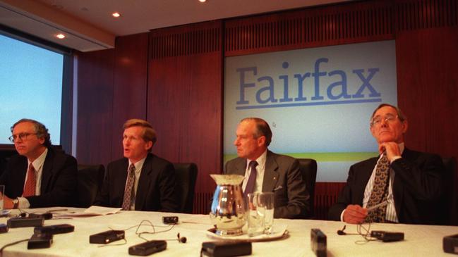 Members of Fairfax’s board in 1996: deputy chairman Dan Colson, CEO Bob Mansfield, chairman Sir Laurence Street and Stephen Mulholland at Mansfield's appointment as CEO.