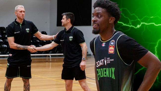 Mitch Creek and Trent Cotchin shake hands as the Phoenix welcome new import Tyler Cook to the fold.