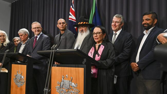 Anthony Albanese holds a press conference with members of the Referendum Working Group at Parliament House in Canberra. Picture: NCA NewsWire / Martin Ollman