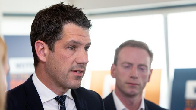 Senator Alex Antic and the-then Opposition Leader David Speirs at the Liberal Party headquarters in 2023. Picture: Brett Hartwig