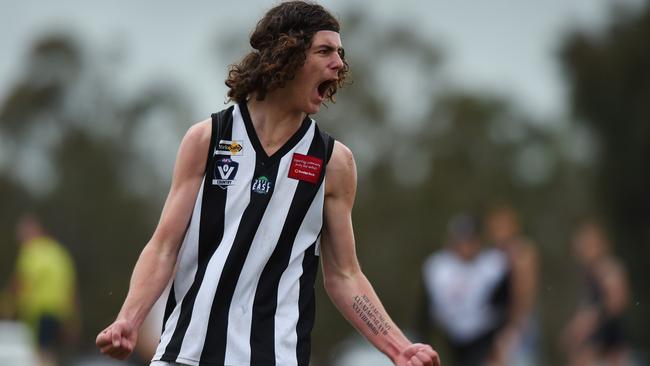 Narre Warren’s Lachlan Benson celebrates kicking the second goal of the game. Picture: Josie Hayden